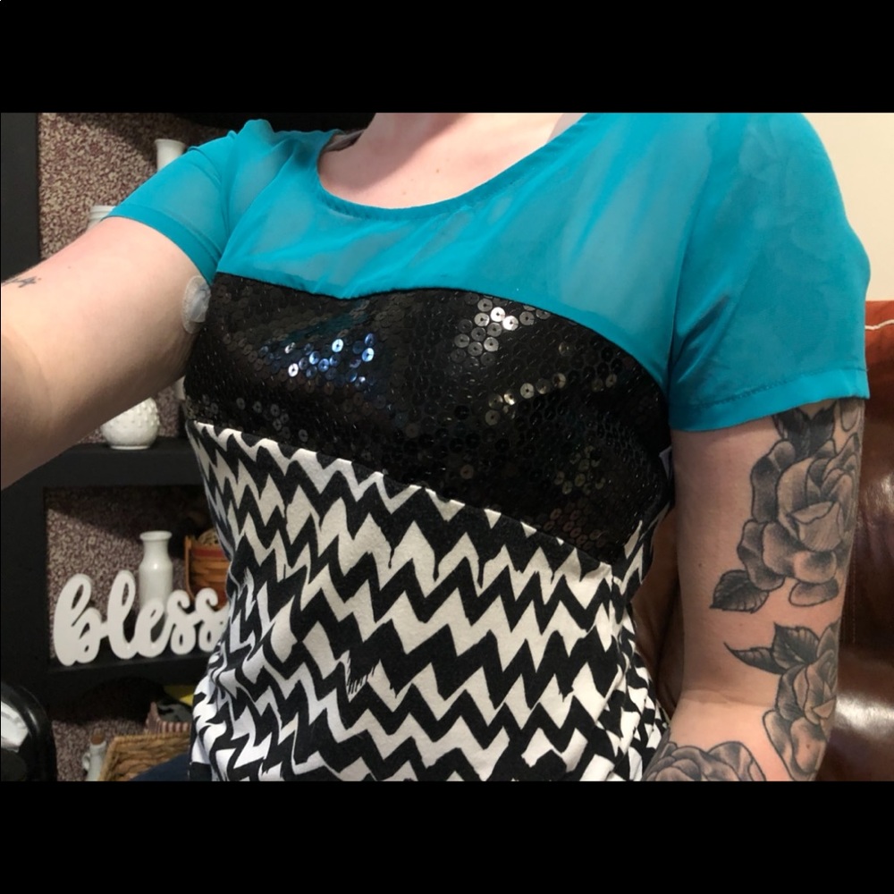 Teal black & white sequin sheer short sleeve top